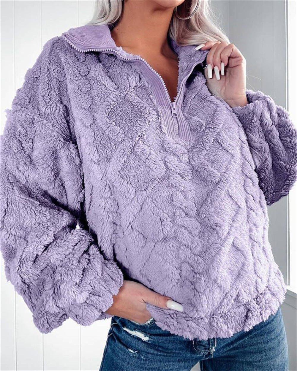 Quarter-Zip Stand Collar Fleece Pullover for Women - Lilac