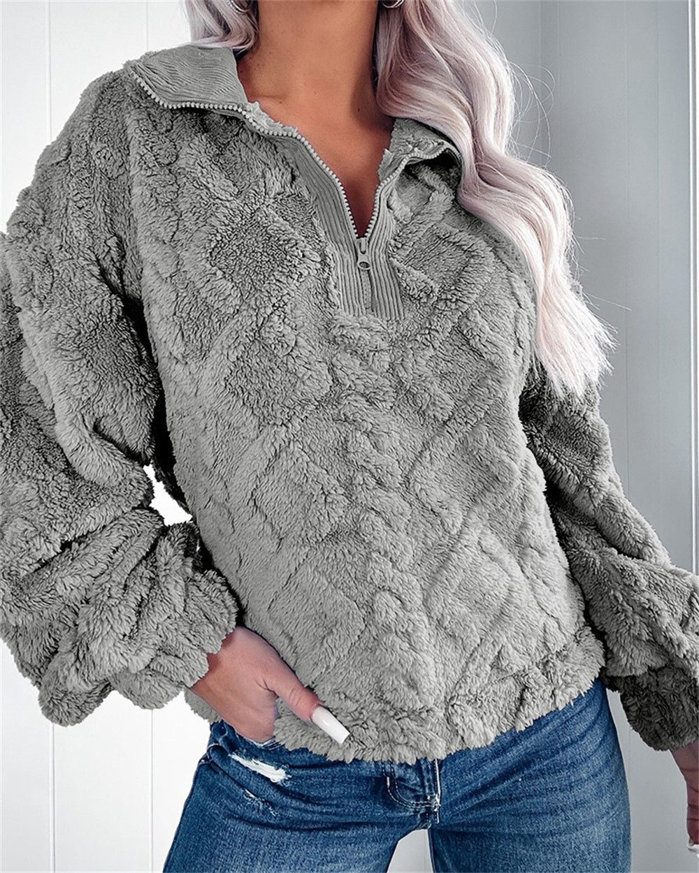 Quarter-Zip Stand Collar Fleece Pullover for Women - Grey
