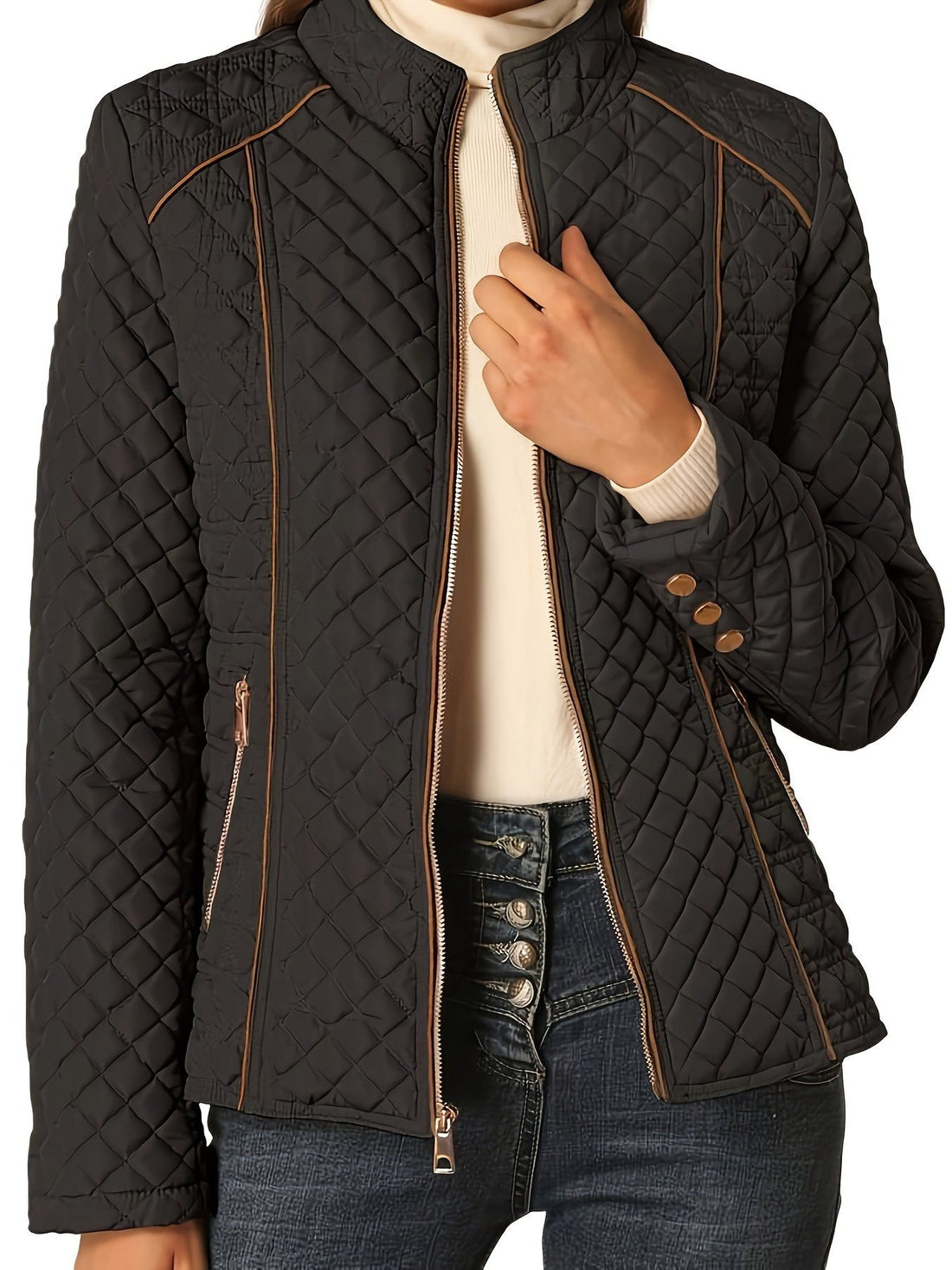 Quilted Stand Collar Zip-Up Jacket for Women