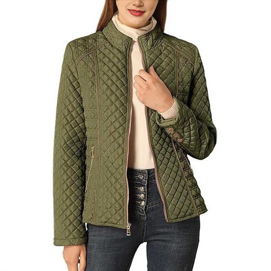 Quilted Stand Collar Zip-Up Jacket for Women - Army green