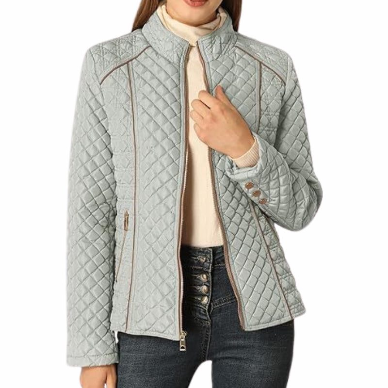 Quilted Stand Collar Zip-Up Jacket for Women - Grey