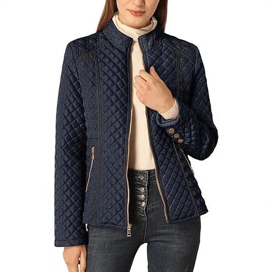 Quilted Stand Collar Zip-Up Jacket for Women - Navy blue