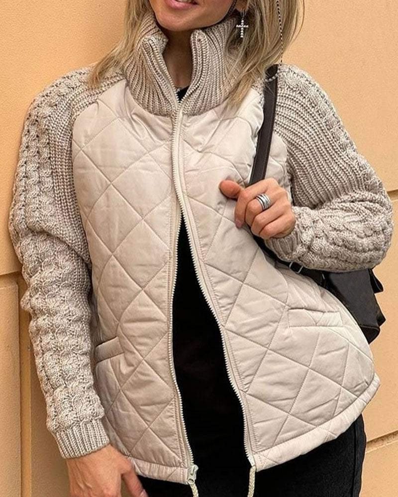 Quilted Zip-Up Jacket with Knit Sleeves for Women