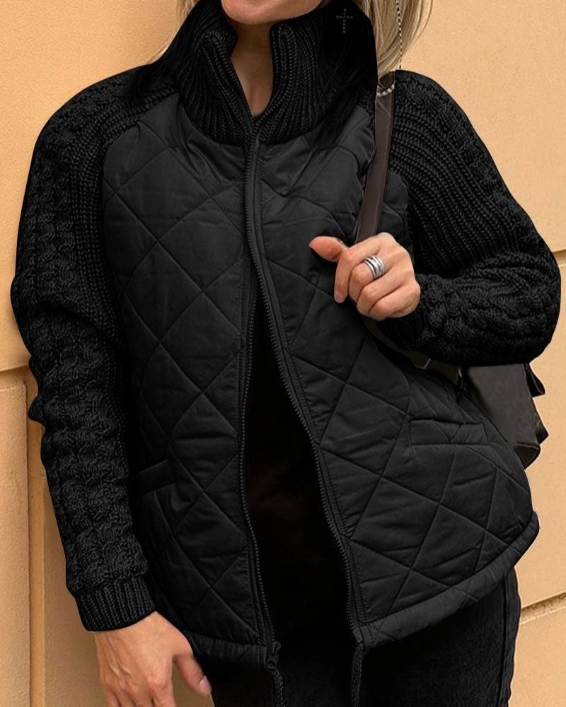 Quilted Zip-Up Jacket with Knit Sleeves for Women - Black