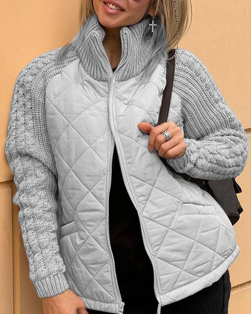 Quilted Zip-Up Jacket with Knit Sleeves for Women - Grey