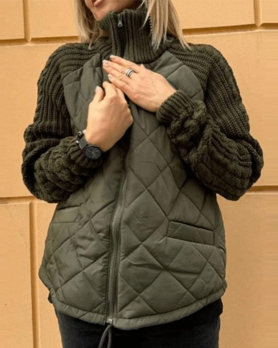 Quilted Zip-Up Jacket with Knit Sleeves for Women - Olive Green