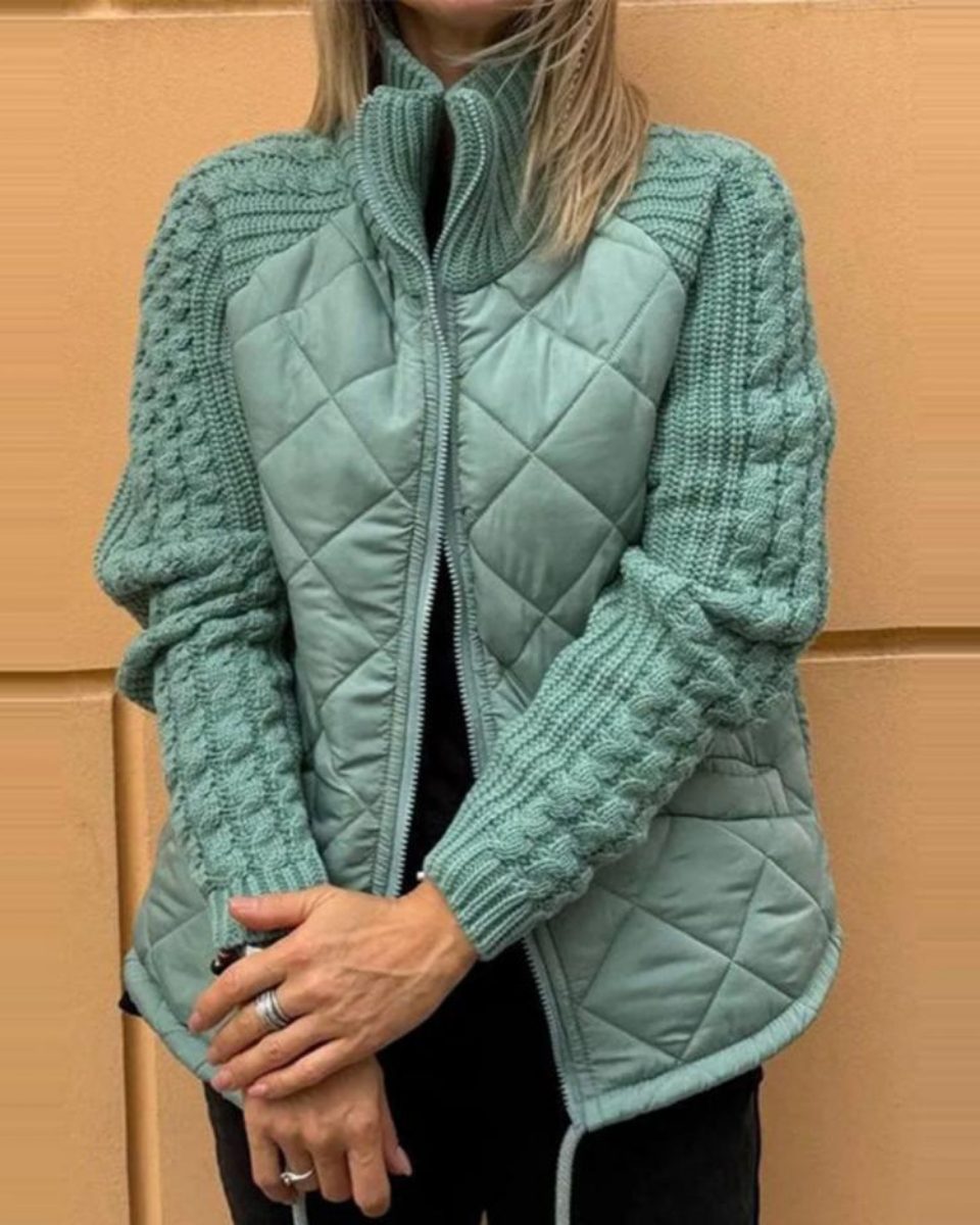 Quilted Zip-Up Jacket with Knit Sleeves for Women - Mint Green