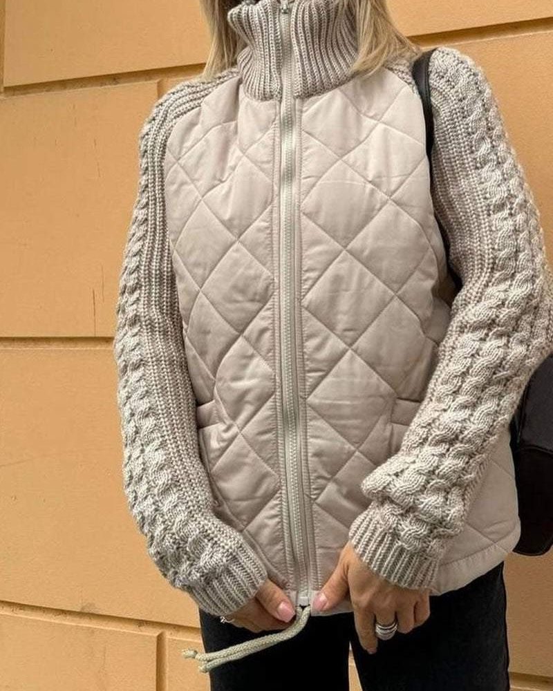 Quilted Zip-Up Jacket with Knit Sleeves for Women - View 5