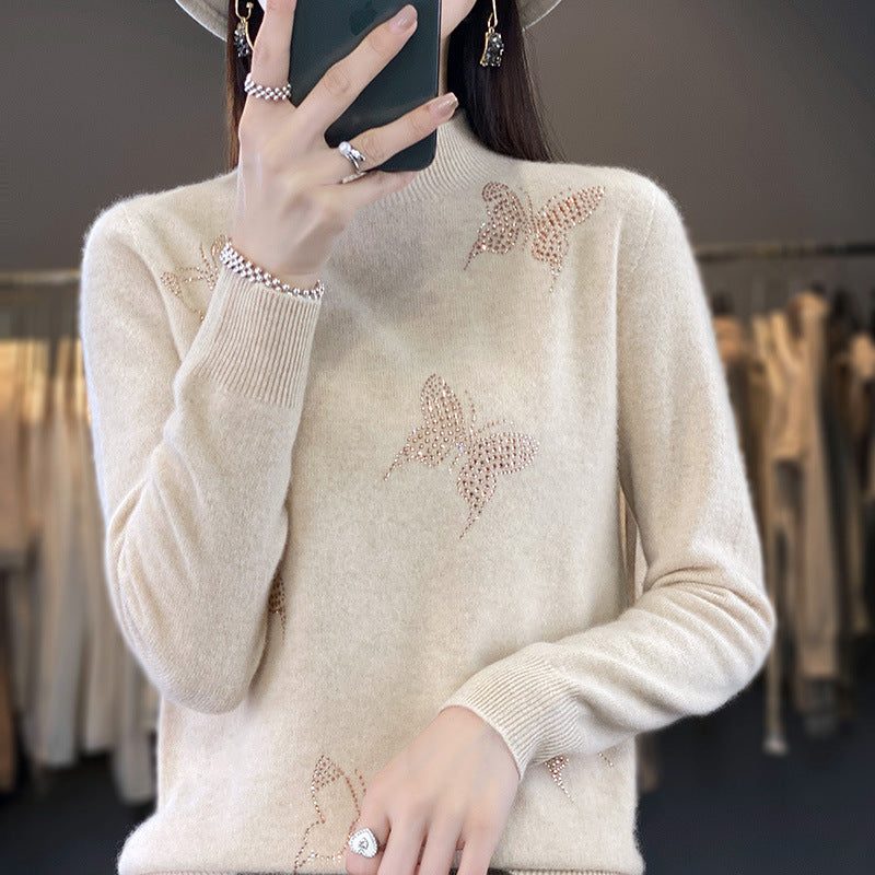 Rhinestone Butterfly Fine Knit Sweater with Stand Collar for Women - Light Beige-Apricot