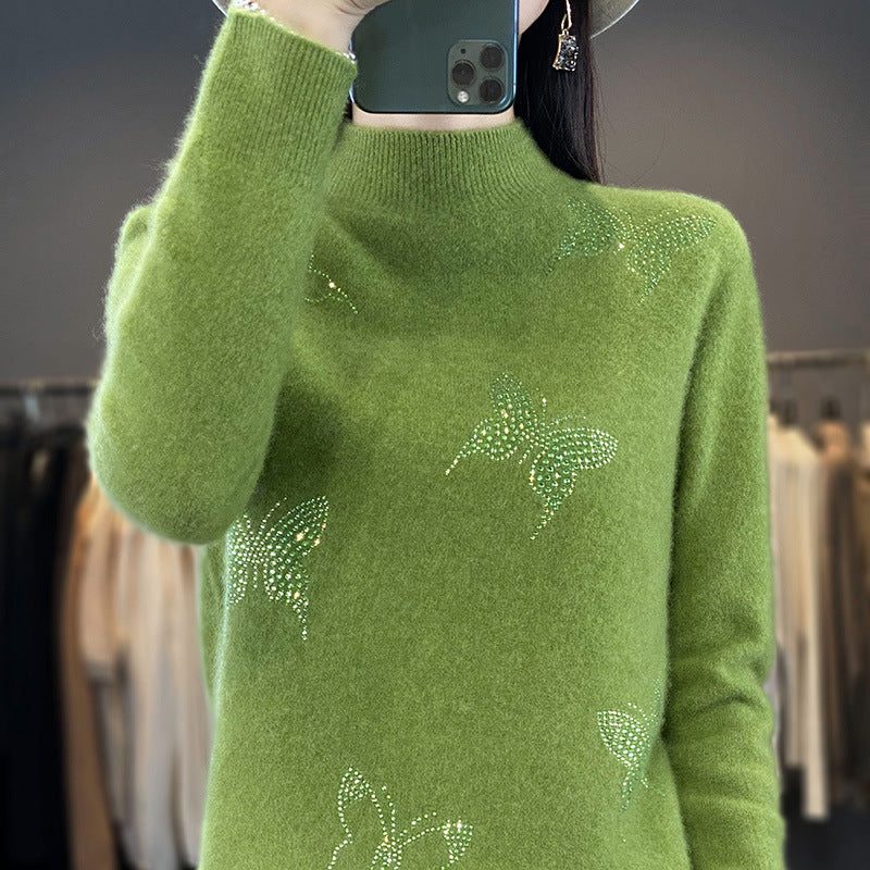 Rhinestone Butterfly Fine Knit Sweater with Stand Collar for Women