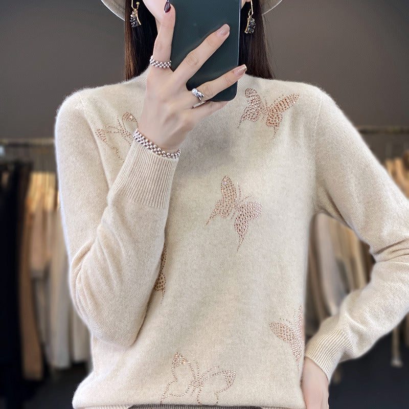Rhinestone Butterfly Fine Knit Sweater with Stand Collar for Women - View 2