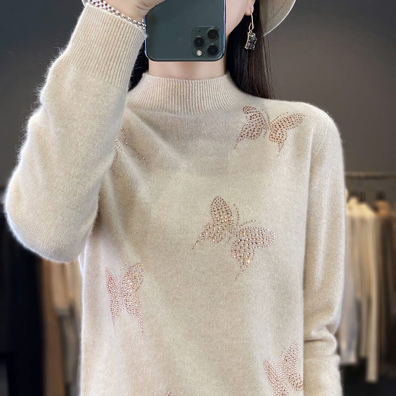 Rhinestone Butterfly Fine Knit Sweater with Stand Collar for Women - View 3
