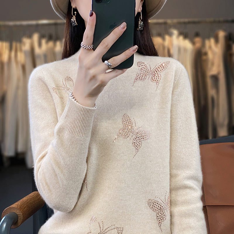 Rhinestone Butterfly Fine Knit Sweater with Stand Collar for Women - View 4