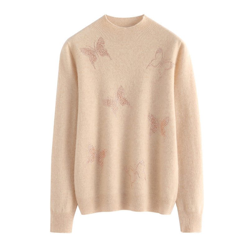 Rhinestone Butterfly Fine Knit Sweater with Stand Collar for Women - View 5