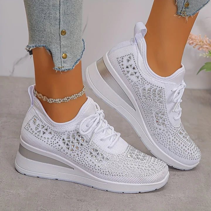 Rhinestone Lace-Up Sneakers for Women - White