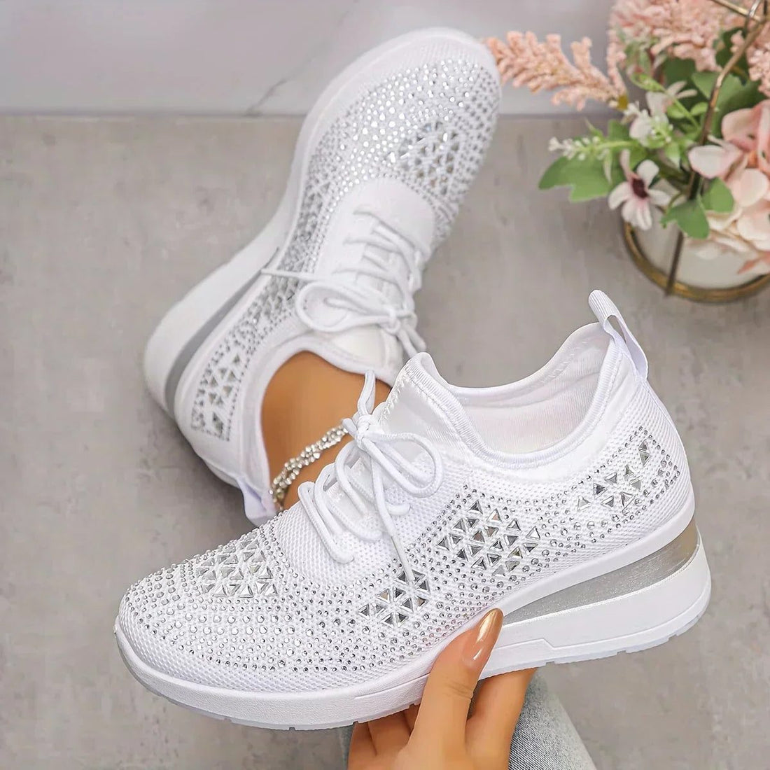 Rhinestone Lace-Up Sneakers for Women