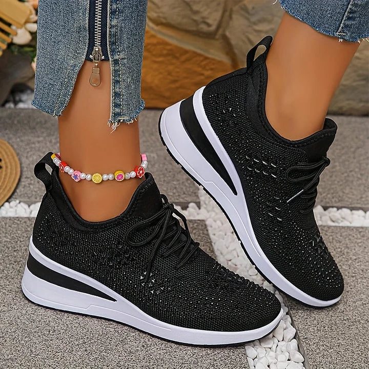 Rhinestone Lace-Up Sneakers for Women - Black