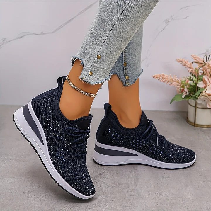Rhinestone Lace-Up Sneakers for Women - Navy