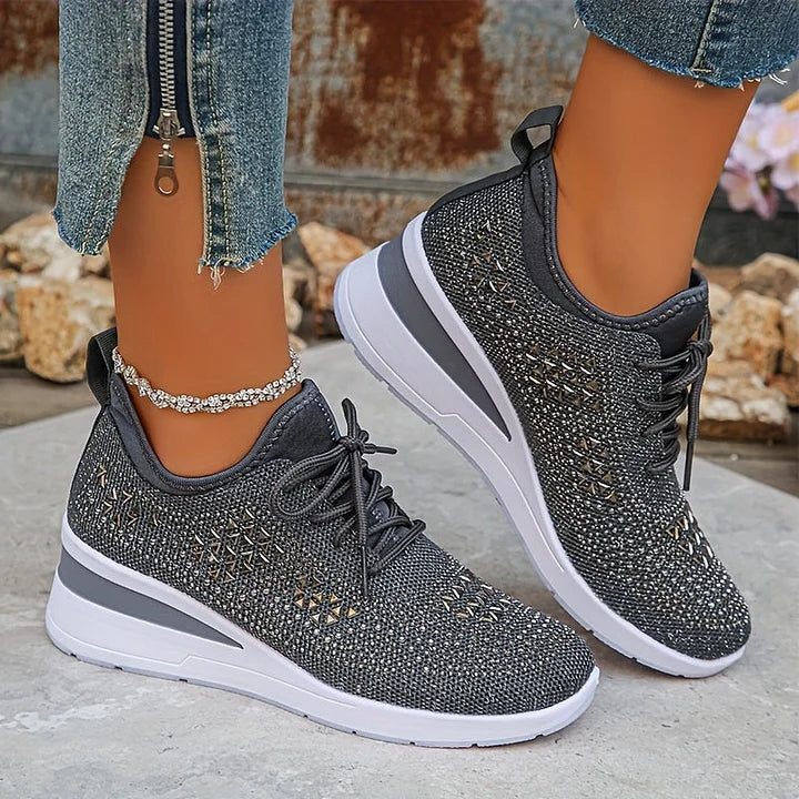 Rhinestone Lace-Up Sneakers for Women - Gray
