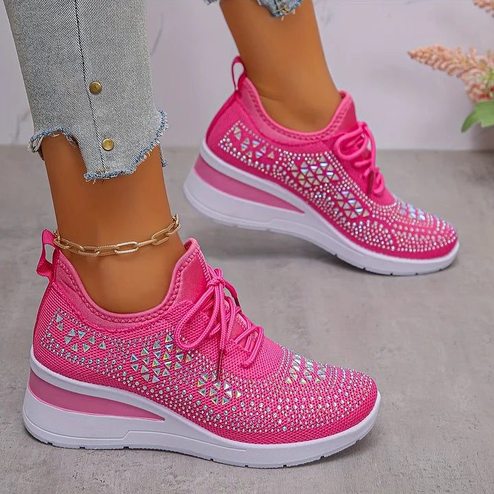Rhinestone Lace-Up Sneakers for Women - Pink