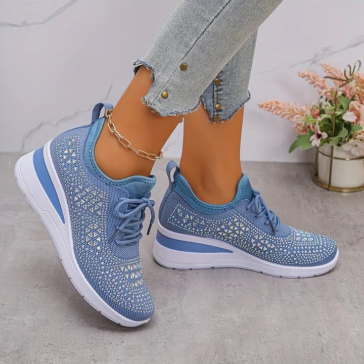 Rhinestone Lace-Up Sneakers for Women - Blue