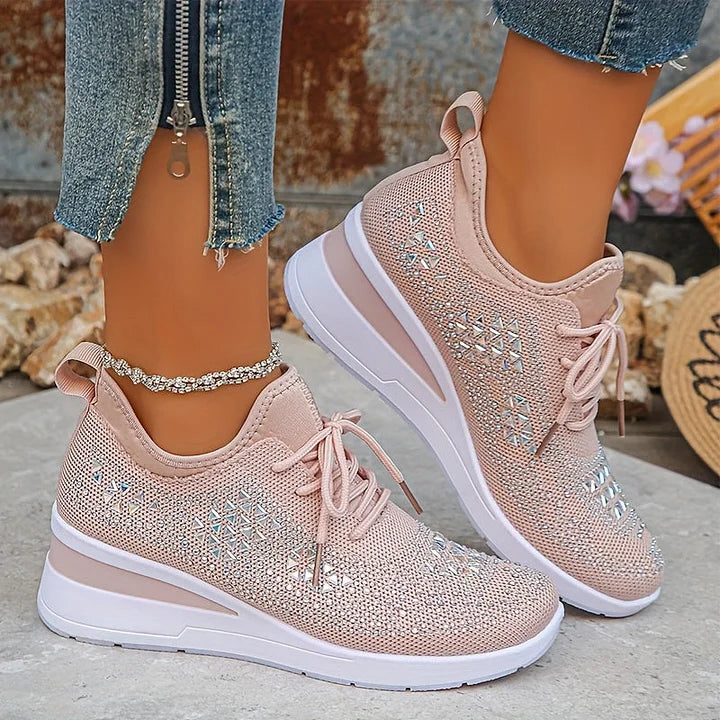 Rhinestone Lace-Up Sneakers for Women - Light Pink
