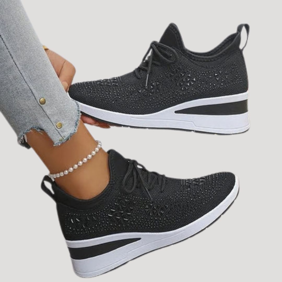 Rhinestone Platform Lace-Up Sneakers for Women - Black