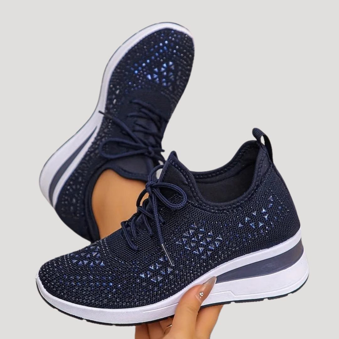 Rhinestone Platform Lace-Up Sneakers for Women - Navy Blue