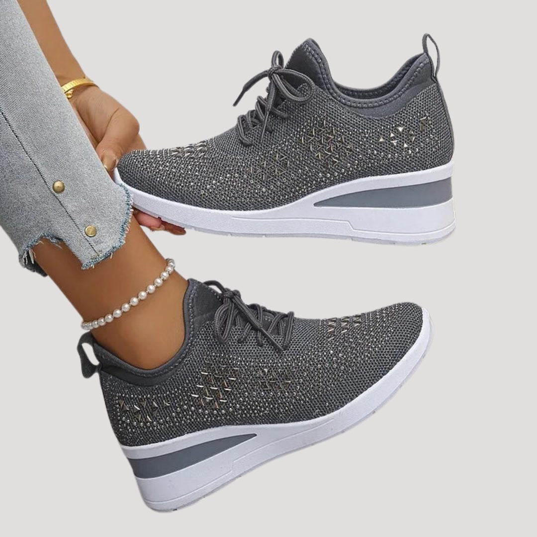 Rhinestone Platform Lace-Up Sneakers for Women - Gray