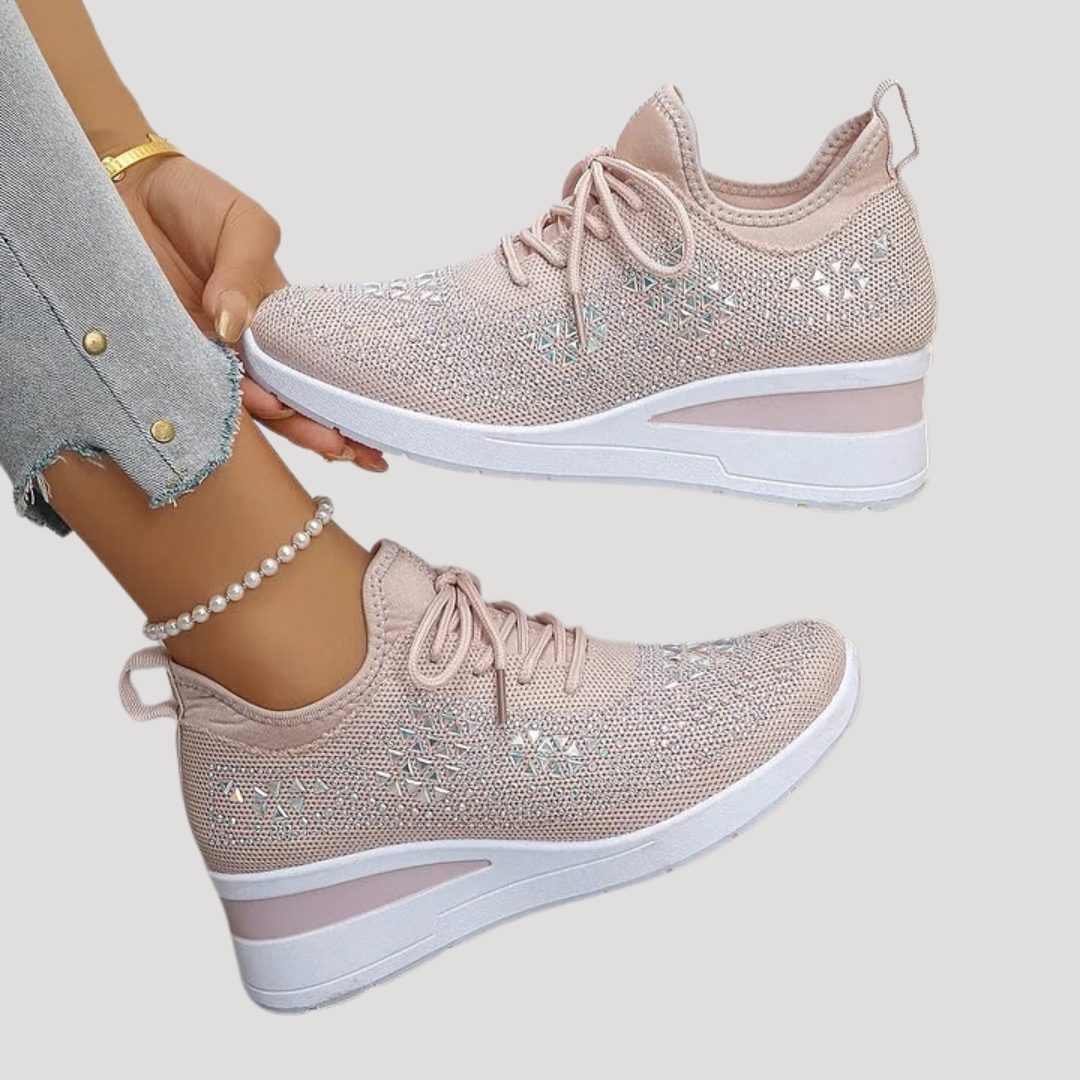 Rhinestone Platform Lace-Up Sneakers for Women - Light Pink