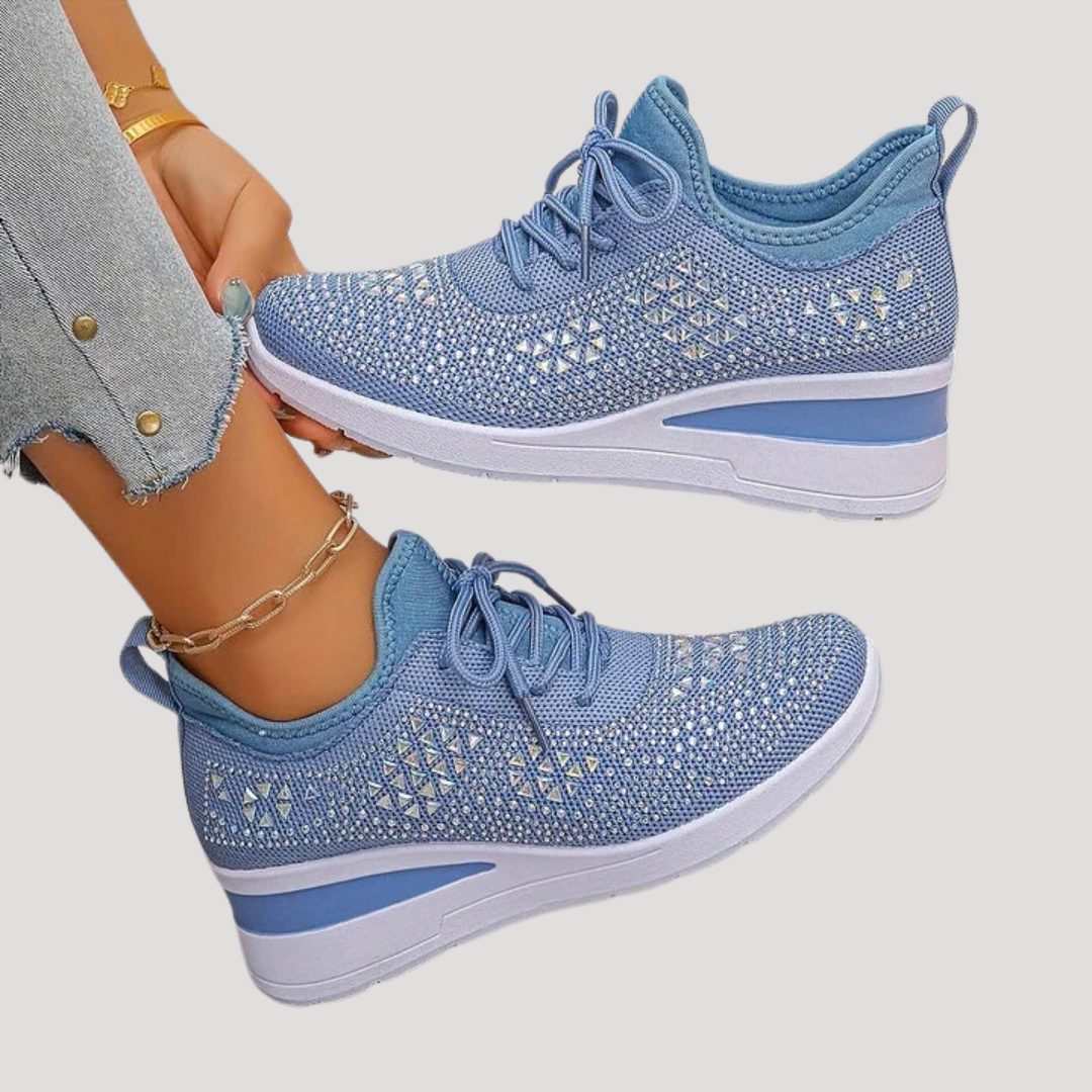Rhinestone Platform Lace-Up Sneakers for Women - Blue