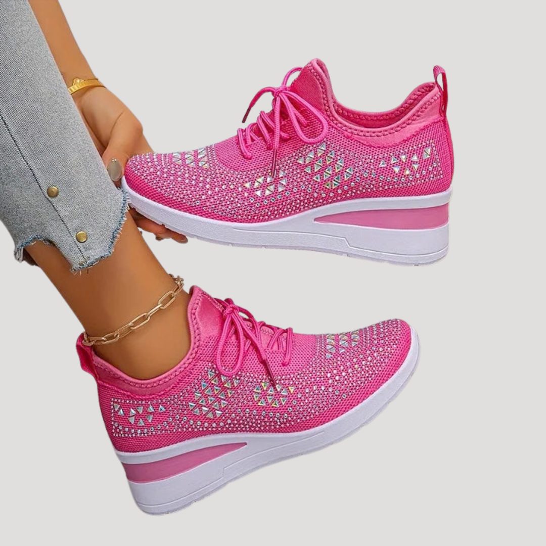 Rhinestone Platform Lace-Up Sneakers for Women - Dark Pink