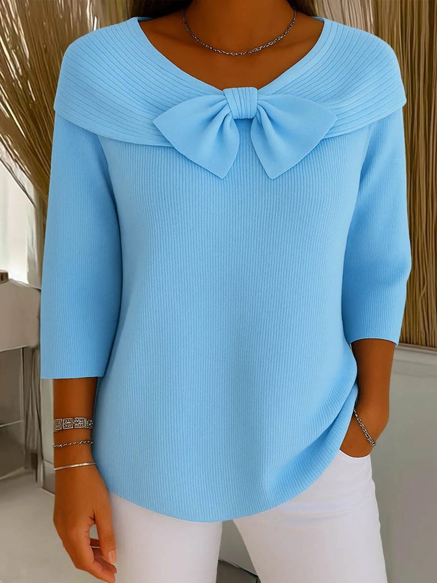 Ribbed Knit Bow Collar Three-Quarter Sleeve Sweater for Women