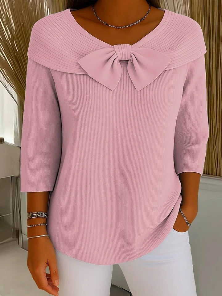 Ribbed Knit Bow Collar Three-Quarter Sleeve Sweater for Women - Pink