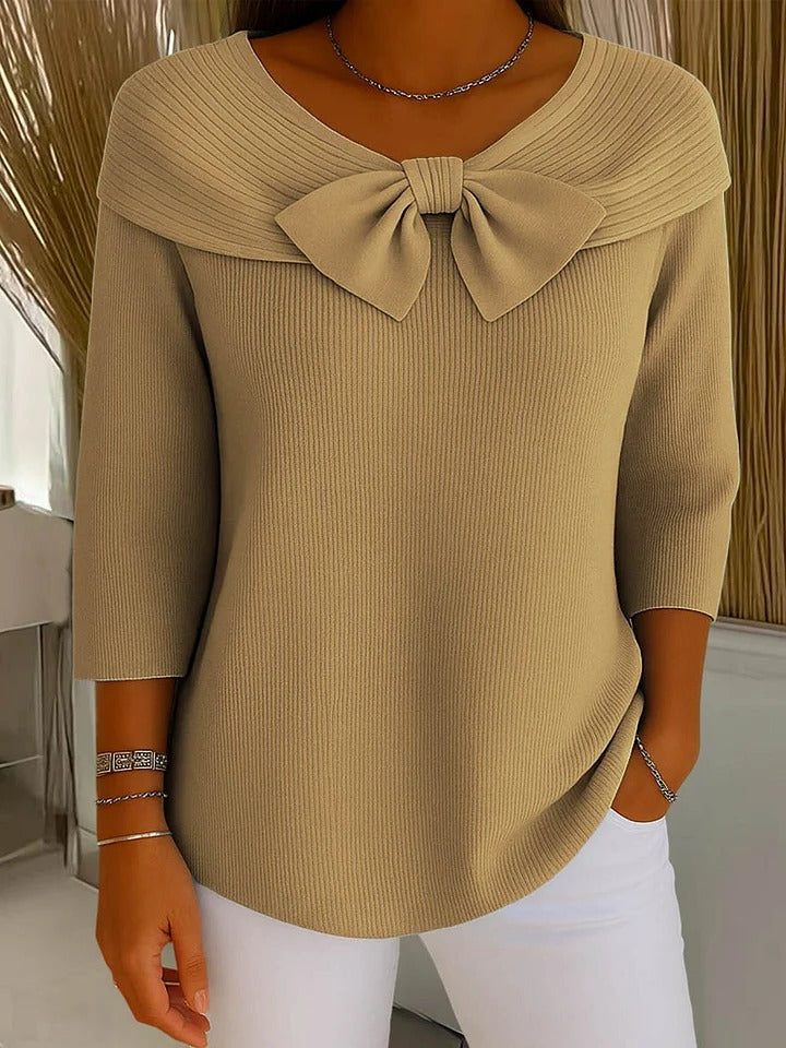 Ribbed Knit Bow Collar Three-Quarter Sleeve Sweater for Women - Khaki