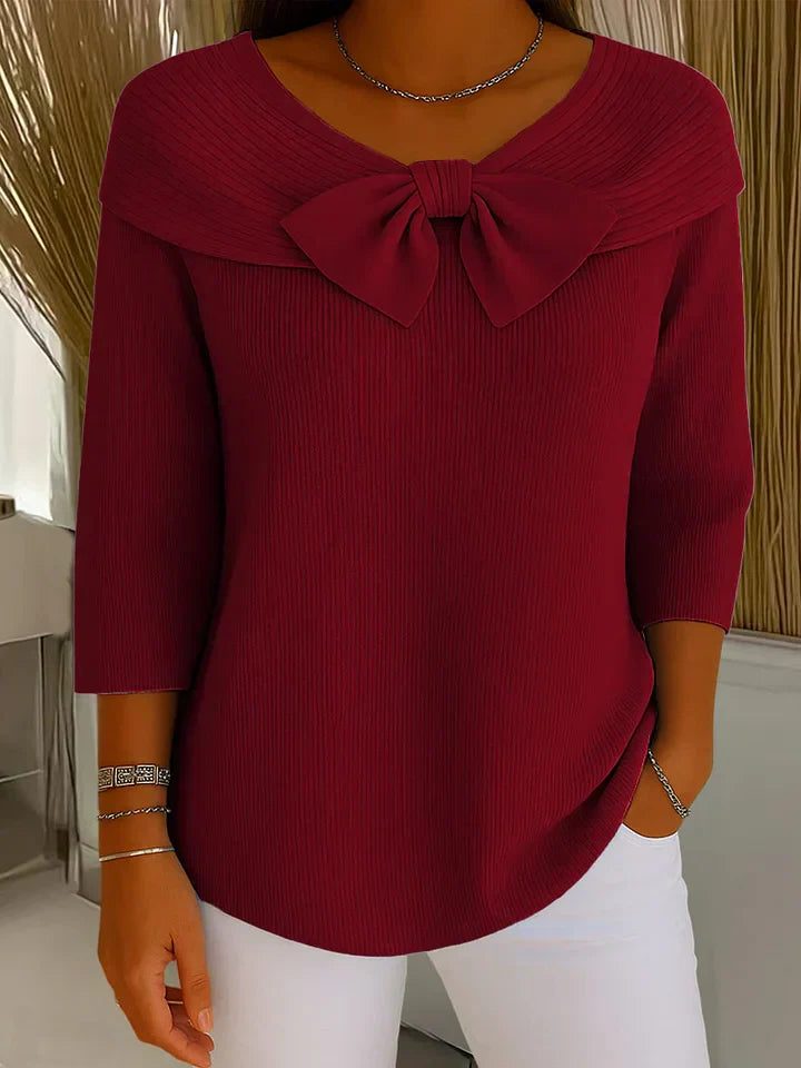 Ribbed Knit Bow Collar Three-Quarter Sleeve Sweater for Women - Red