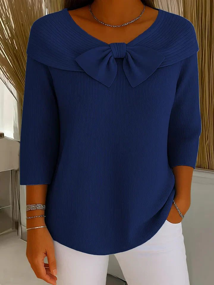 Ribbed Knit Bow Collar Three-Quarter Sleeve Sweater for Women - Dark Blue