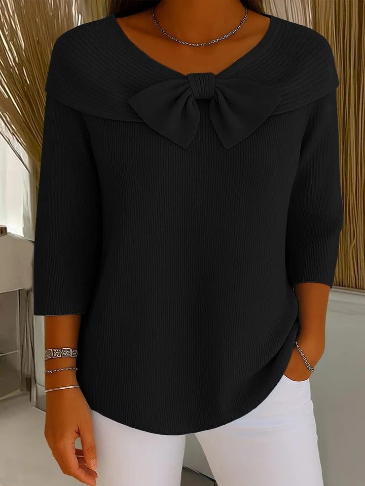 Ribbed Knit Bow Collar Three-Quarter Sleeve Sweater for Women - Black