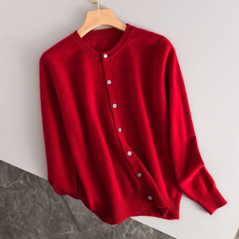 Ribbed Knit Button-Down Cardigan for Women - Cherry Red
