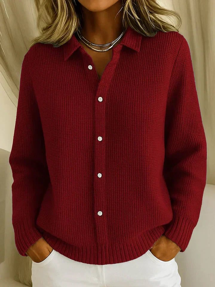 Ribbed Knit Button-Down Cardigan for Women - Dark Red