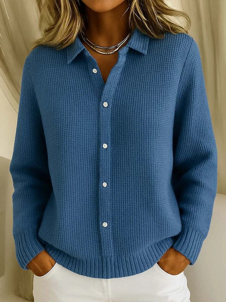 Ribbed Knit Button-Down Cardigan for Women - Dark Blue