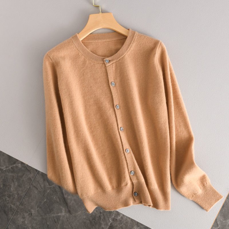 Ribbed Knit Button-Down Cardigan for Women - Gold-Camel