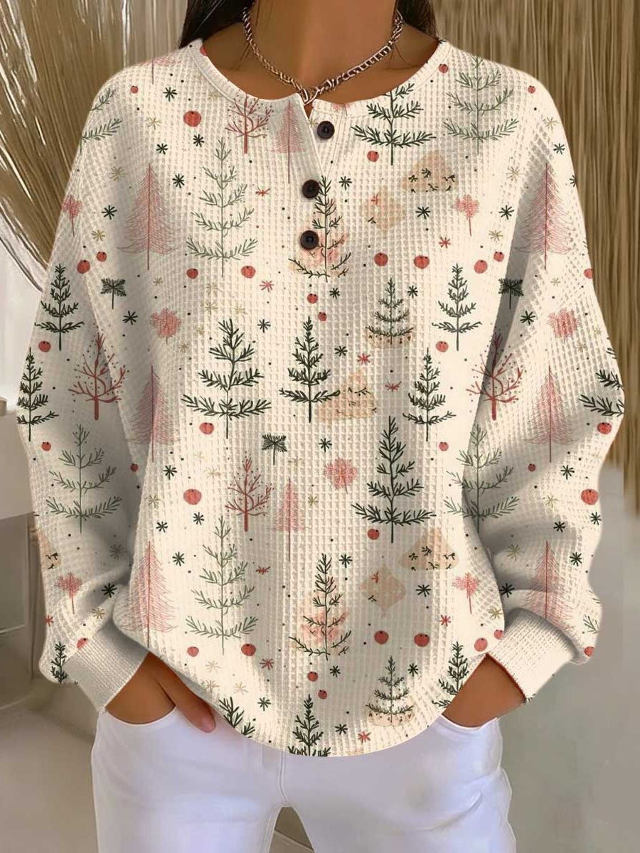 Ribbed Knit Button-Up  sweater with Christmas Tree Print for Women