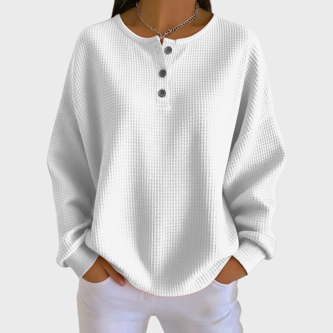 Ribbed Knit Button-Up Pullover for Women - White