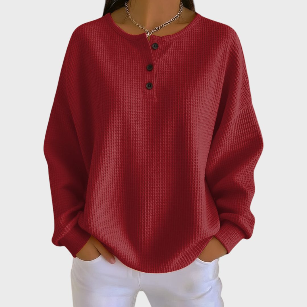 Ribbed Knit Button-Up Pullover for Women - Red