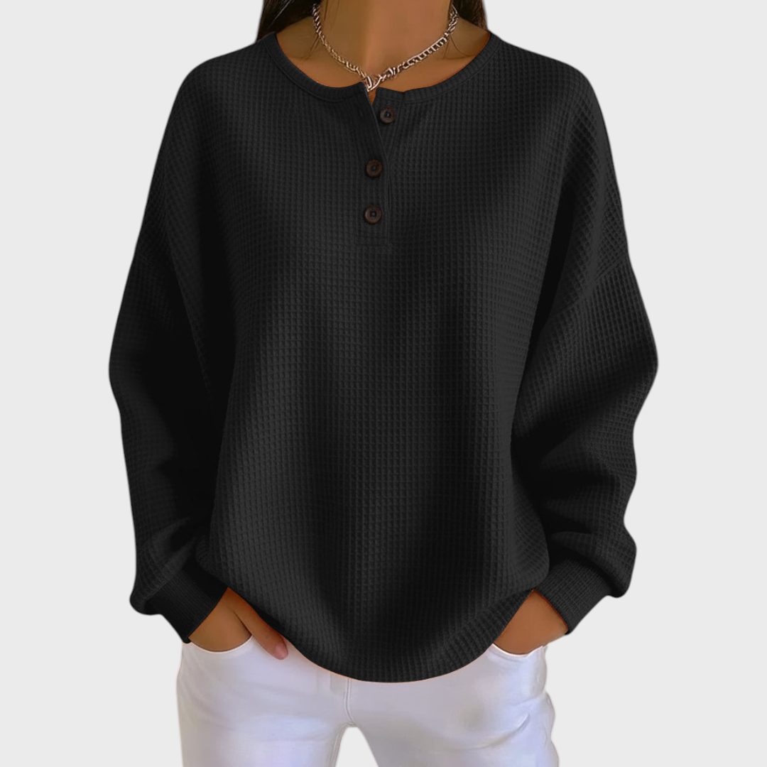 Ribbed Knit Button-Up Pullover for Women - Black