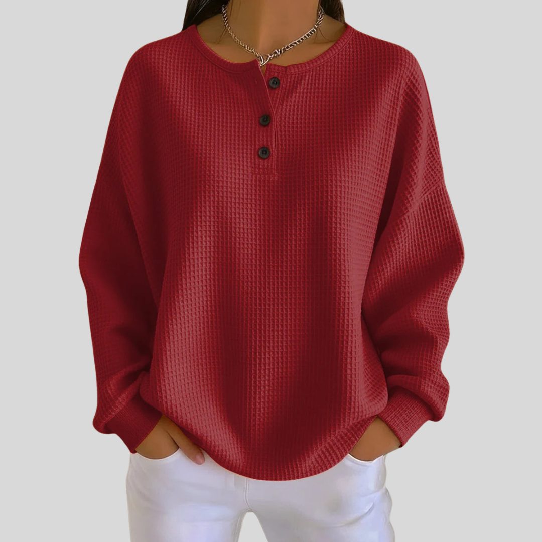 Ribbed Knit Button-Up Sweatshirt for Women - Red
