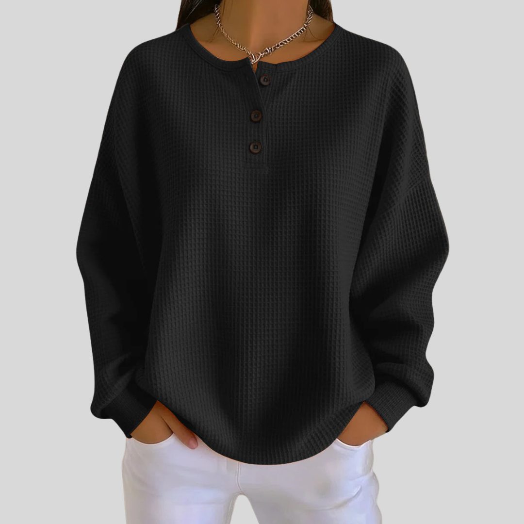 Ribbed Knit Button-Up Sweatshirt for Women - Black