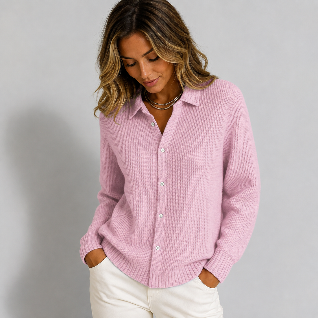 Ribbed Knit Button-Down Cardigan for Women