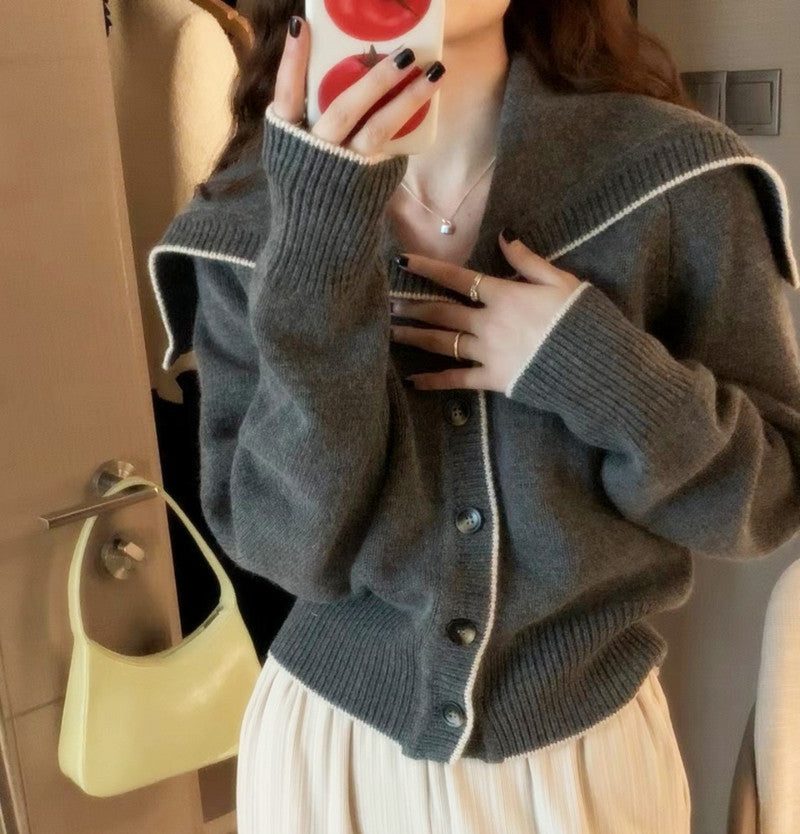 Ribbed Knit Cardigan with Oversized Sailor Collar for Women - Gray